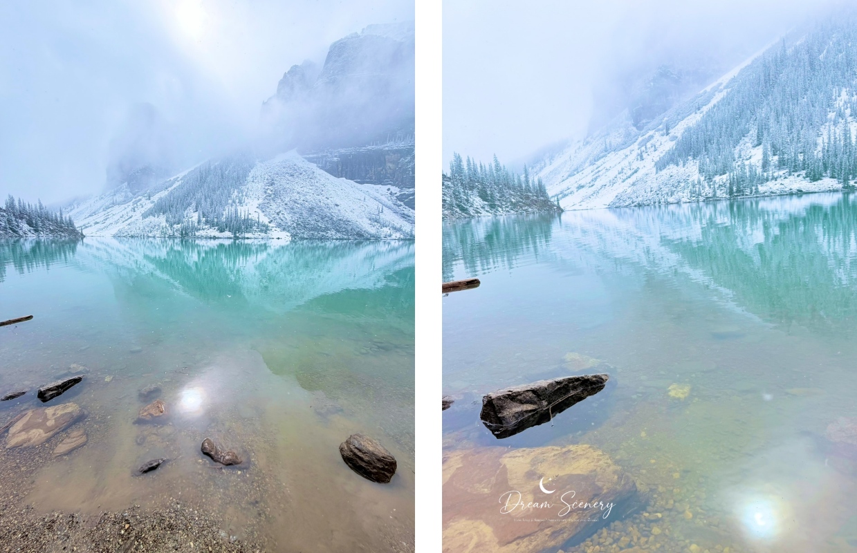 【加拿大-Banff】Moraine Lake夢蓮湖｜夏季遇上大雪與陽光的美麗湖景